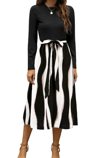 UVN Fall Dresses for Women Long Sleeve Crewneck Ribbed Casual Dress Ladies Floral Print Midi Dresses with Pockets