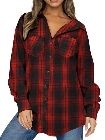 UVN Plaid Shirt for Women Oversized Flannel Long Sleeve Shirts Casual Button Down Blouse Tops with Pockets