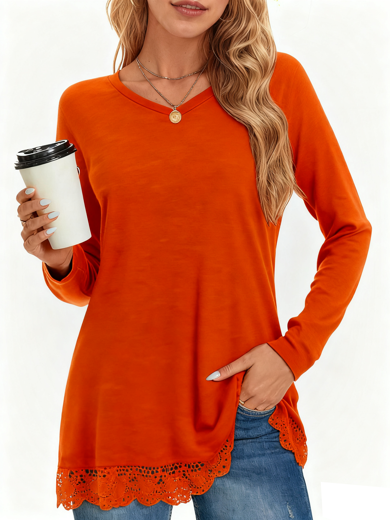 UVN Fall Tops for Women Long Sleeve Lace Trim V Neck Blouses Dressy Casual A Line Tunic Shirts