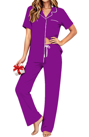 UVN Fall 2 Piece Pajamas for Women Short Sleeve Top and Long Pant Casual Button up Sleepwear Ladies Matching Set