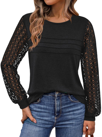 UVN Blouses for Women Dressy Lace Pleated Tunic Tops Casual Long Sleeve Fall Shirts