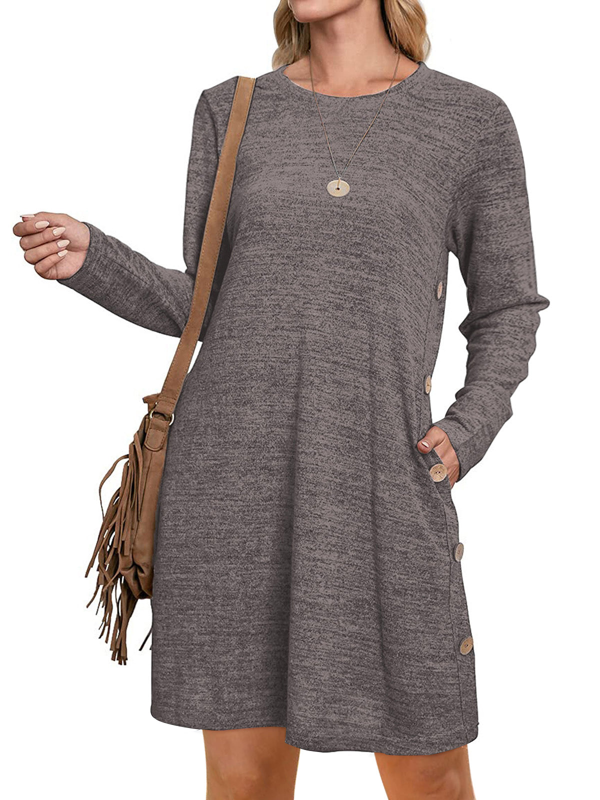 UVN Fall Dresses for Women Long Sleeve Casual Winter Dress with Pockets Buttons Side Tunic Dress