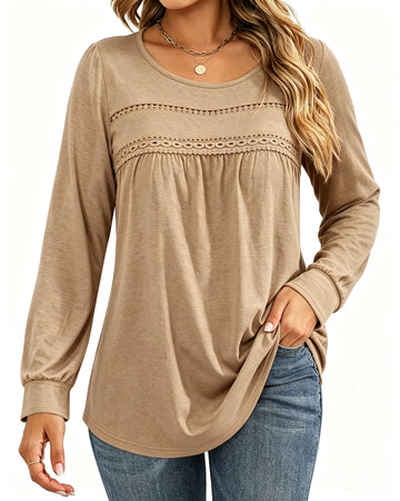 UVN Blouses for Women Long Sleeve Crochet Ladies Lace Shirts Crew Neck Dressy Casual Tops