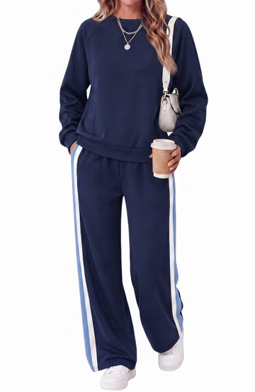 UVN Fall 2 Piece Outfit Set for Women Long Sleeve Top and Color Block Pants Ladies Casual Lounge Matching Set