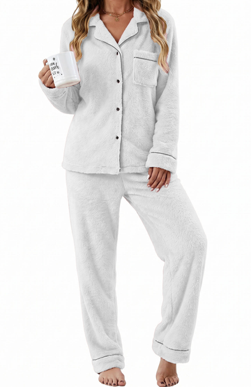 UVN Fuzzy Womens Pajama Winter 2 Piece Button up Loungewear Set for Women Long Sleeve Top and Long Pant Fleece Sleepwear with Pockets