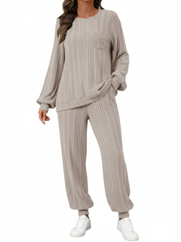 UVN Two Piece Sets for Women Casual Outfits Sets Textured Long Sleeve Shirts and Long Pants Lounge Set Fall Pajama Sets with Pockets