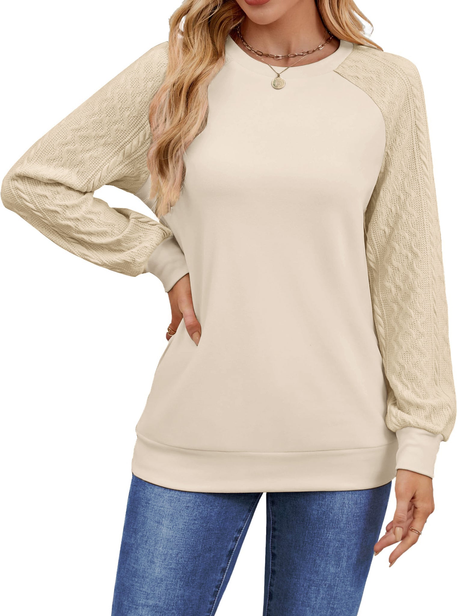 UVN Sweatshirts for Women Crewneck Cable Knit Sleeve Sweaters Casual Fall Tunic Tops