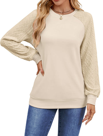 UVN Sweatshirts for Women Crewneck Cable Knit Sleeve Sweaters Casual Fall Tunic Tops