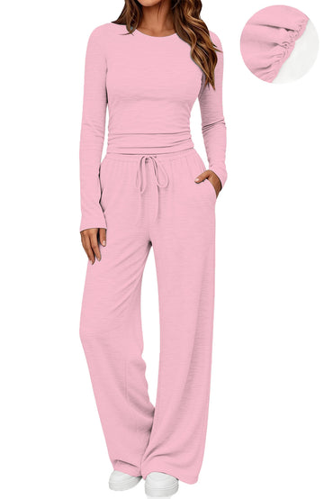 UVN Winter Womens 2 Piece Outfit Sets Ruched Long Sleeve Top and Wide Leg Pants Casual Loungewear Ladies Workout Sets