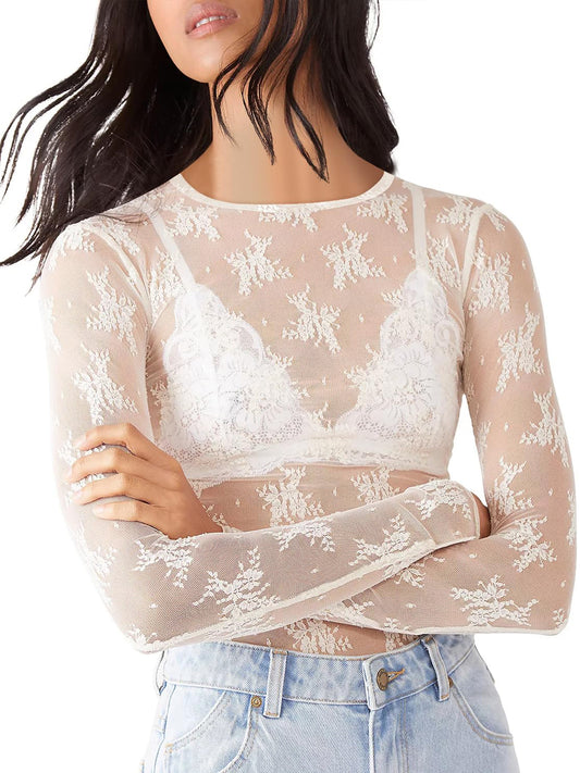 UVN Mesh Tops for Women Sheer Lace Long Sleeve Shirts Sexy Y2k See Through Party Club Blouse