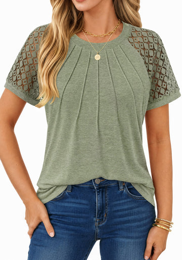 UVN Blouses for Women Short Sleeve Lace Tops Summer Casual Crewneck Pleated Shirts