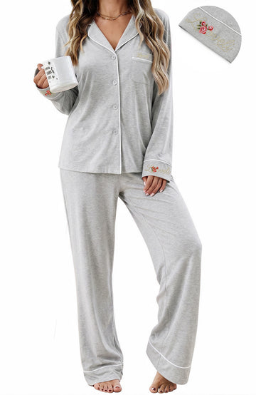 UVN Fall Pajama Set for Women Embroidered Floral Button Up Tops with Drawstring Pocket Pants Ladies Casual Lounge Set