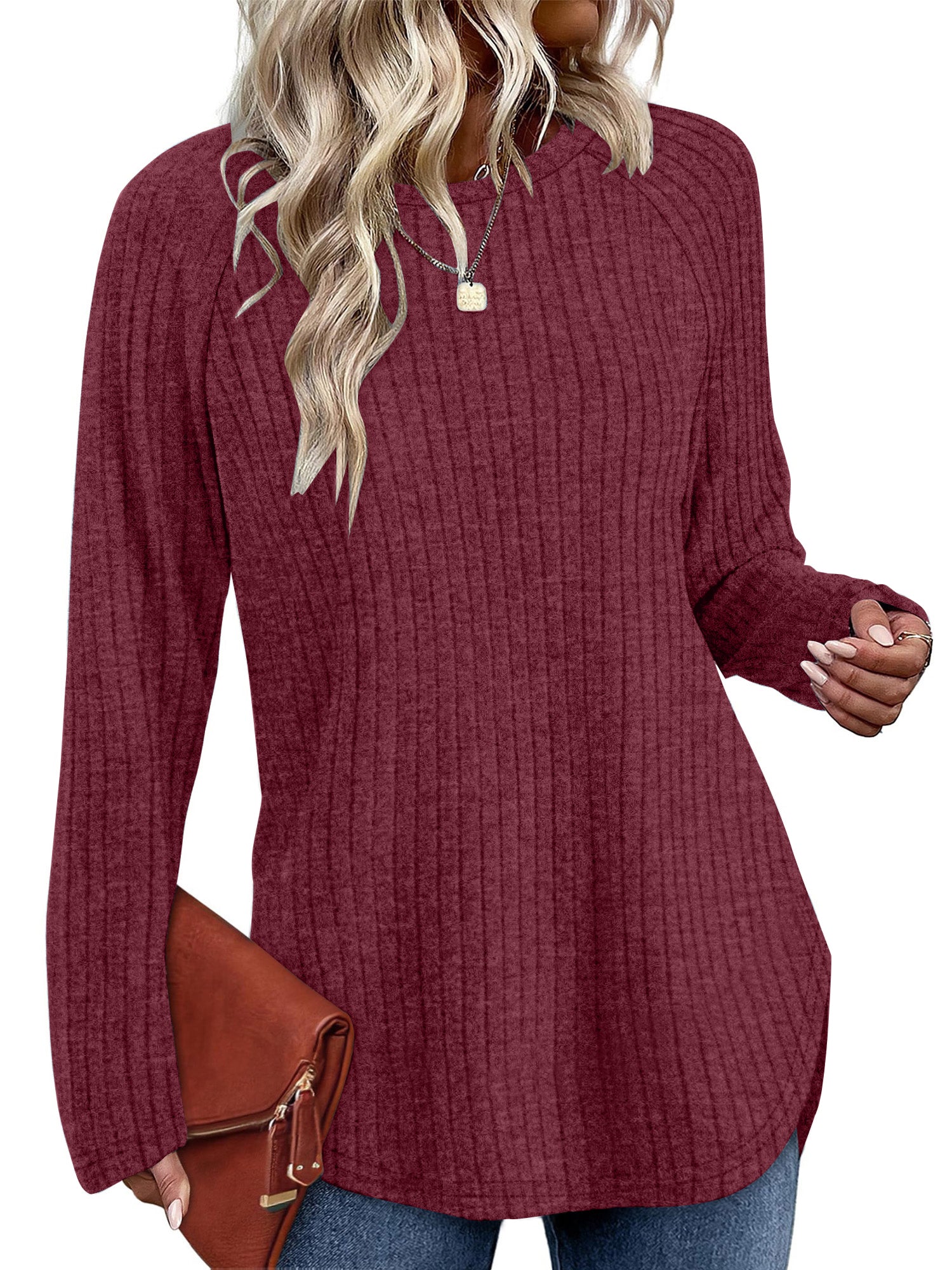 UVN Long Sleeve Shirt for Women Fall Casual Blouses Ladies Loose Fit Crew Neck Tunic Tops