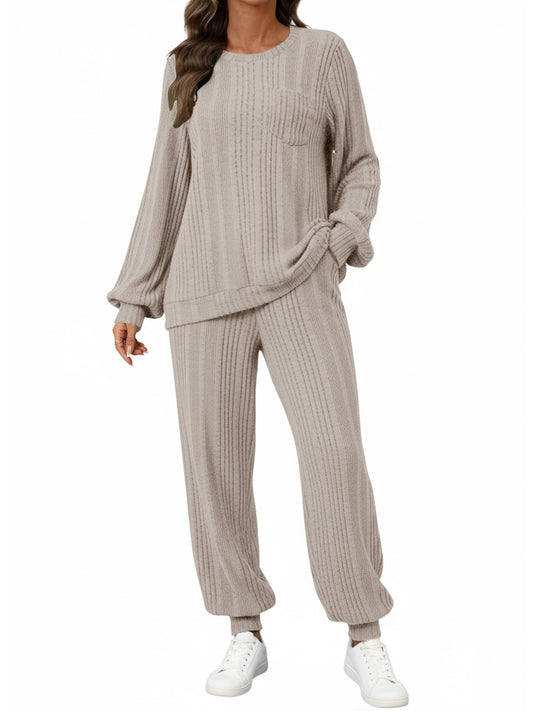 UVN Two Piece Sets for Women Casual Outfits Sets Textured Long Sleeve Shirts and Long Pants Lounge Set Fall Pajama Sets with Pockets