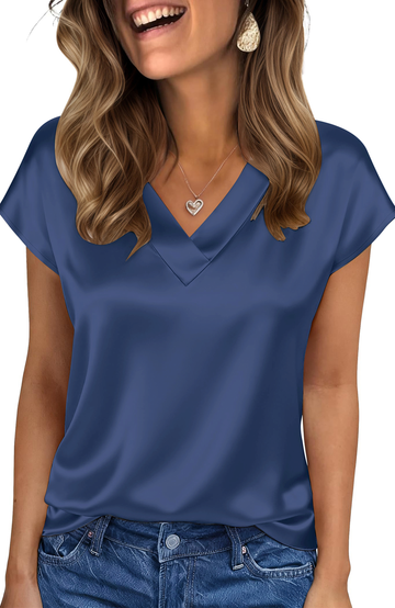 UVN Women Tops Summer Cap Short Sleeve Blouses Ladies V Neck Silk Satin Business Casual Shirts