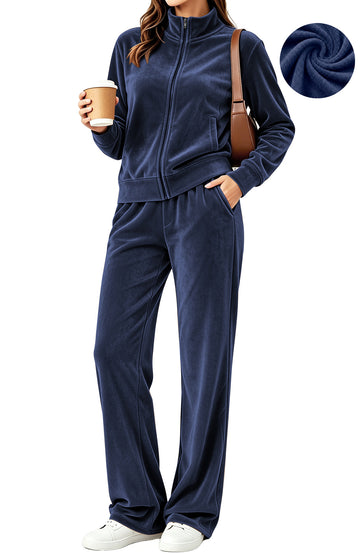 UVN Velour Outfit Set for Women 2 Piece Lounge Sets Casual Full Zip Top and Wide Leg Pants Ladies Fall Tracksuit with Pocket