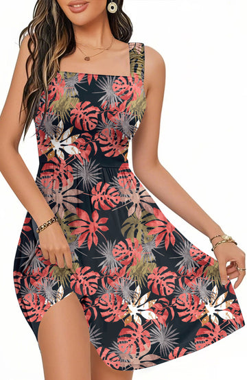UVN Summer Dresses for Women Sleeveless Square Neck Midi Dress Boho Floral Print Beach Sundress with Pockets