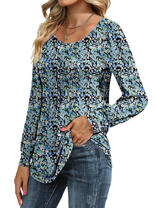 UVN Floral Blouses for Women Pleated Long Sleeve Shirts Casual Crewneck Tunic Tops