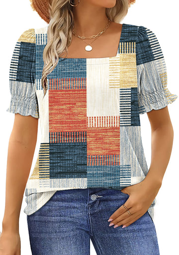 UVN Square Neck Tops for Women Summer Puff Short Sleeve Shirts Dressy Casual Tunic Blouses