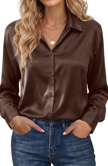 UVN Shirts for Women Long Sleeve Satin Blouses Button Down Ladies Casual Top