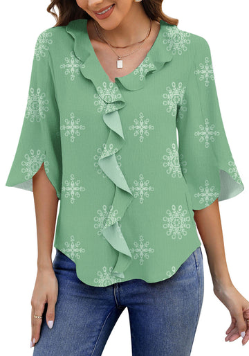 UVN Chiffon Blouses for Women Dressy Ruffle V Neck Tops Summer Casual 3/4 Sleeve Shirts