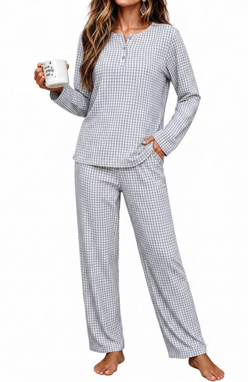 UVN Fall Cotton Two Piece Pajamas for Women Plaid Henley Collar Long Sleeve Top and Wide Leg Pant Ladies Sleepwear Casual Lounge Sets
