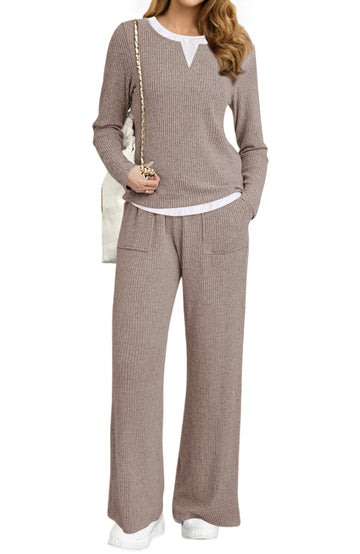 UVN Fall Matching Set for Women Color Block Tops and Wide Leg Pants Ladies Sweatsuit Casual 2 Peice Set