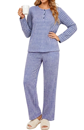 UVN Fall Pajamas for Women Plaid Henley Collar Long Sleeve Top and Wide Leg Pant Ladies Gingham Sleepwear with Pockets