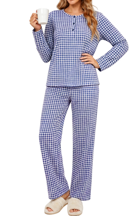 UVN Fall Cotton Two Piece Pajamas for Women Plaid Henley Collar Long Sleeve Top and Wide Leg Pant Ladies Sleepwear Casual Lounge Sets