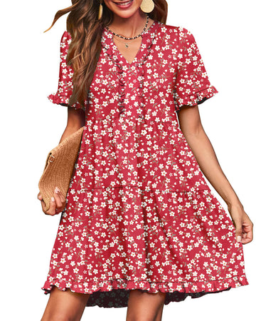 UVN Summer Dresses for Women V Neck Short Sleeve Casual A Line Dress Flowy Swing Ruffle Sundress with Pockets