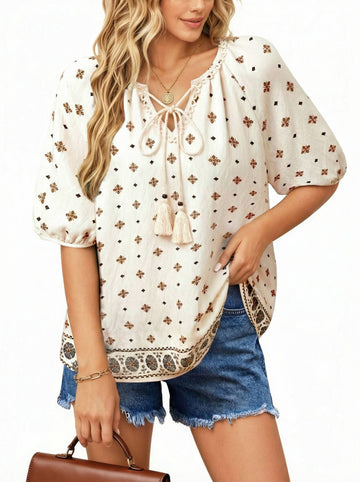 UVN Summer Tops for Women Short Sleeve V Neck Boho Casual Blouses Ladies Floral Print Tie Front Flowy Shirts