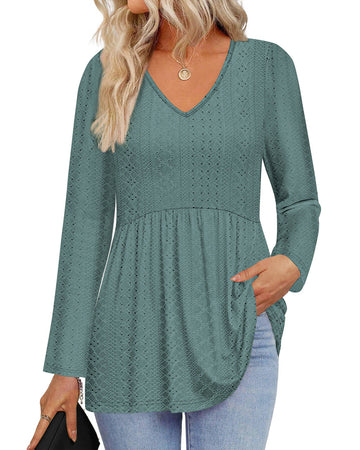 UVN Fall Blouses for Women Long Sleeve V Neck Peplum Tunic Tops Casual Babydoll Flowy T Shirts