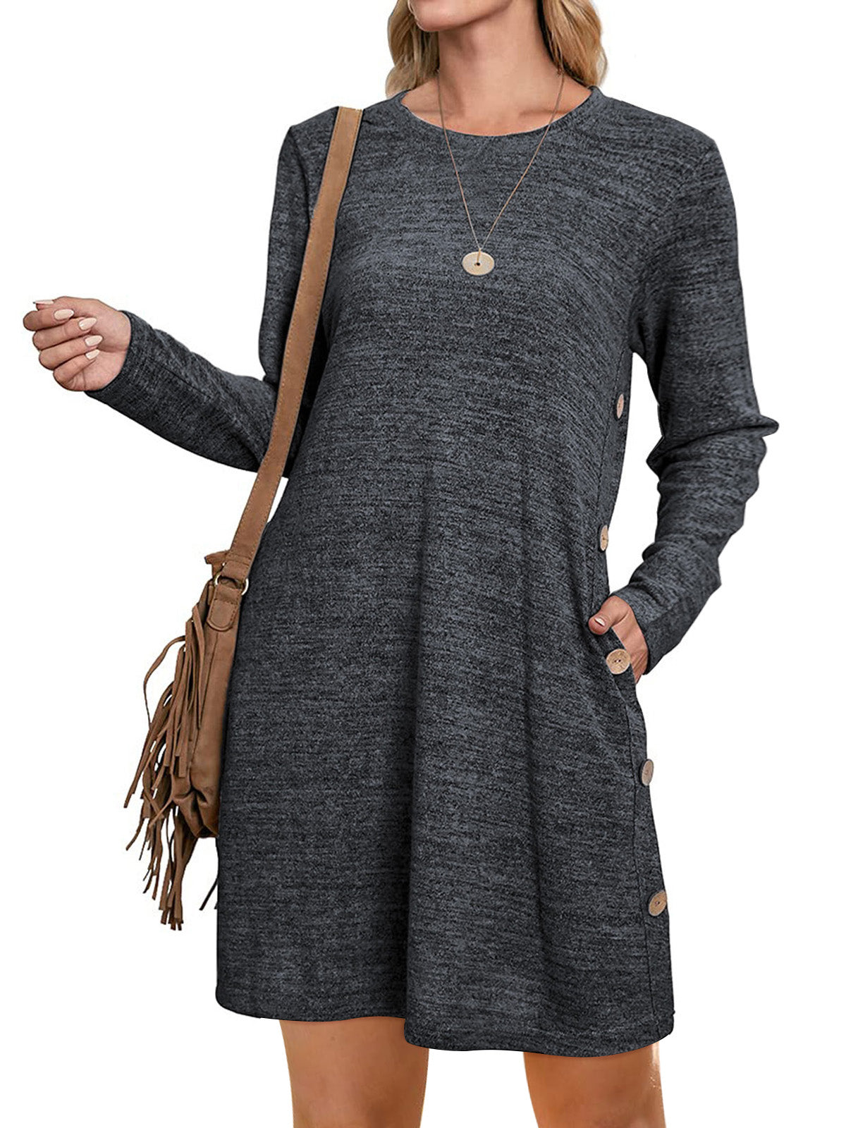 UVN Fall Dresses for Women Long Sleeve Casual Winter Dress with Pockets Buttons Side Tunic Dress