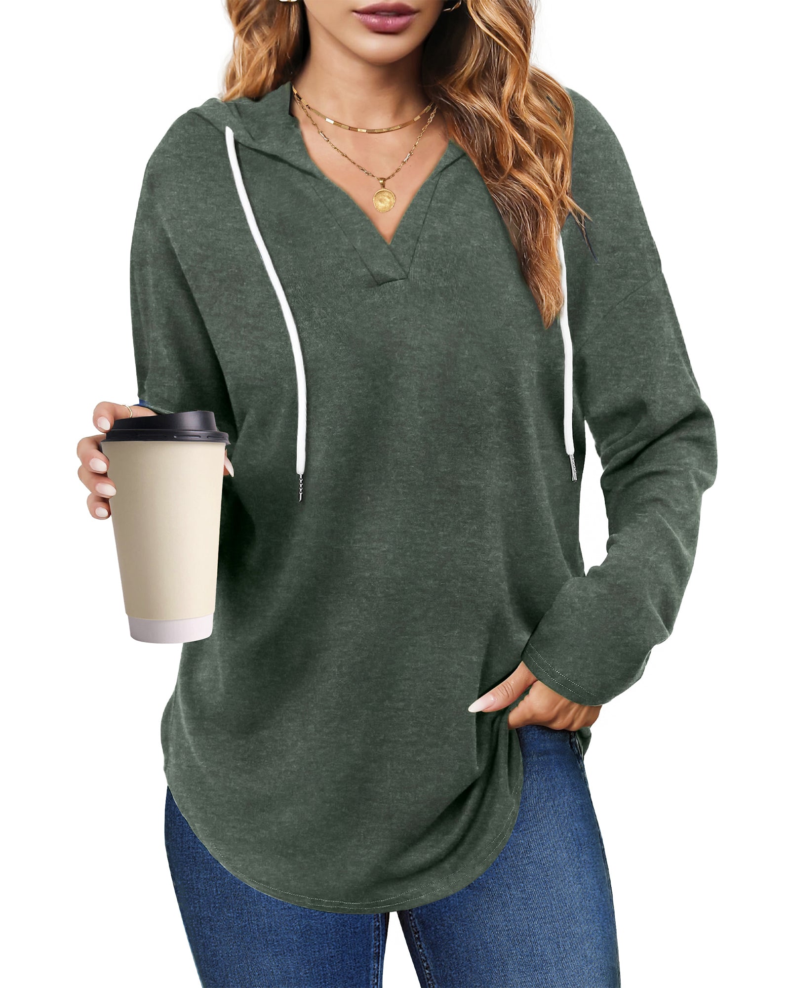 UVN Fall Hoodies for Women Long Sleeve V Neck Hooded Sweatshirts Ladies Loose Casual Drawstring Pullover Tops