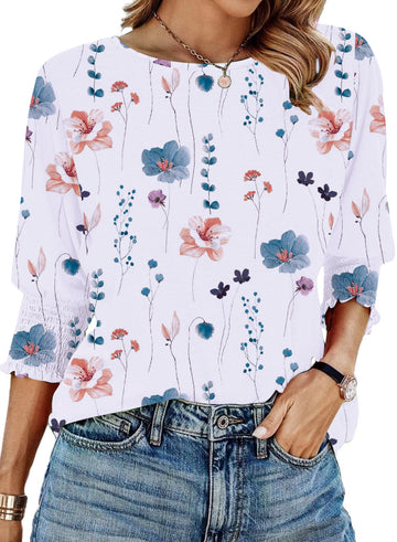 UVN Crewneck Blouse for Women Summer 3/4 Sleeve T-Shirts Casual Tees Ladies Loose Tops