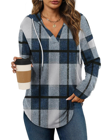 UVN Fall Hoodies for Women Long Sleeve V Neck Hooded Sweatshirts Ladies Loose Casual Drawstring Pullover Tops