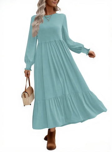 UVN Fall Long Dress for Women Crewneck Casual Long Sleeve Pleated Dresses with Pockets