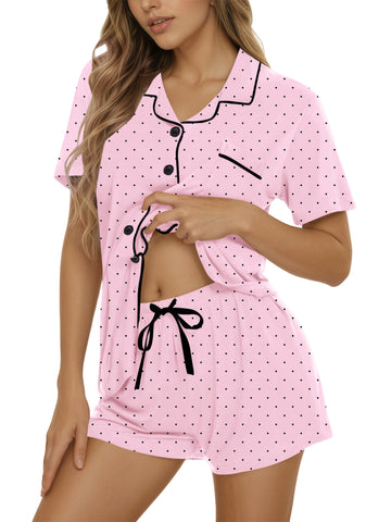 UVN Pajamas Sets for Women Button Down Short Sleeve Tops and Drawstring Shorts 2 Piece Lounge Set