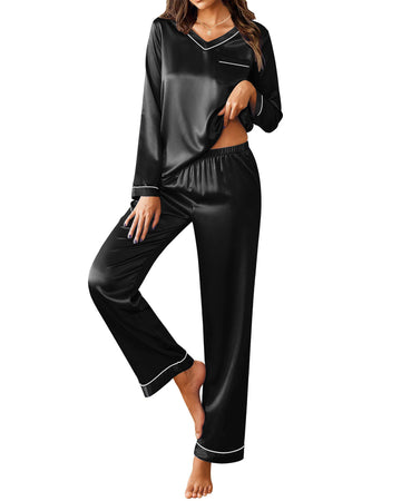 UVN Pajamas Sets for Women Fall Long Sleeve Tops and Long Pants Soft Satin Silk Pj Set Sleepwear Loungewear 2 Piece Outfit
