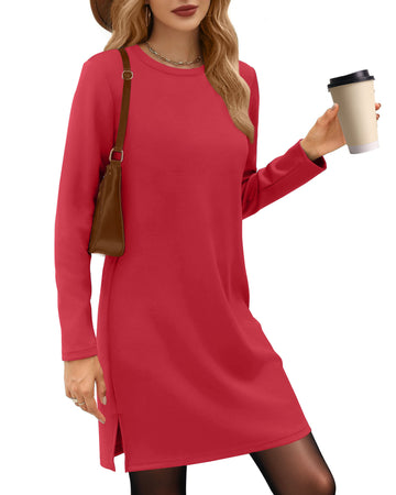 UVN Dresses for Women Fall Winter Long Sleeve Crewneck Casual Pullover Sweatshirt Dress with Side Split