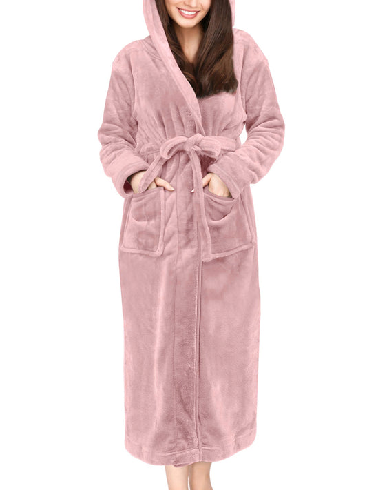 UVN Long Robes for Women Winter Plush Fleece Hooded Bathrobe Soft Cozy Fluffy Sleepwear Nightgown with Pockets