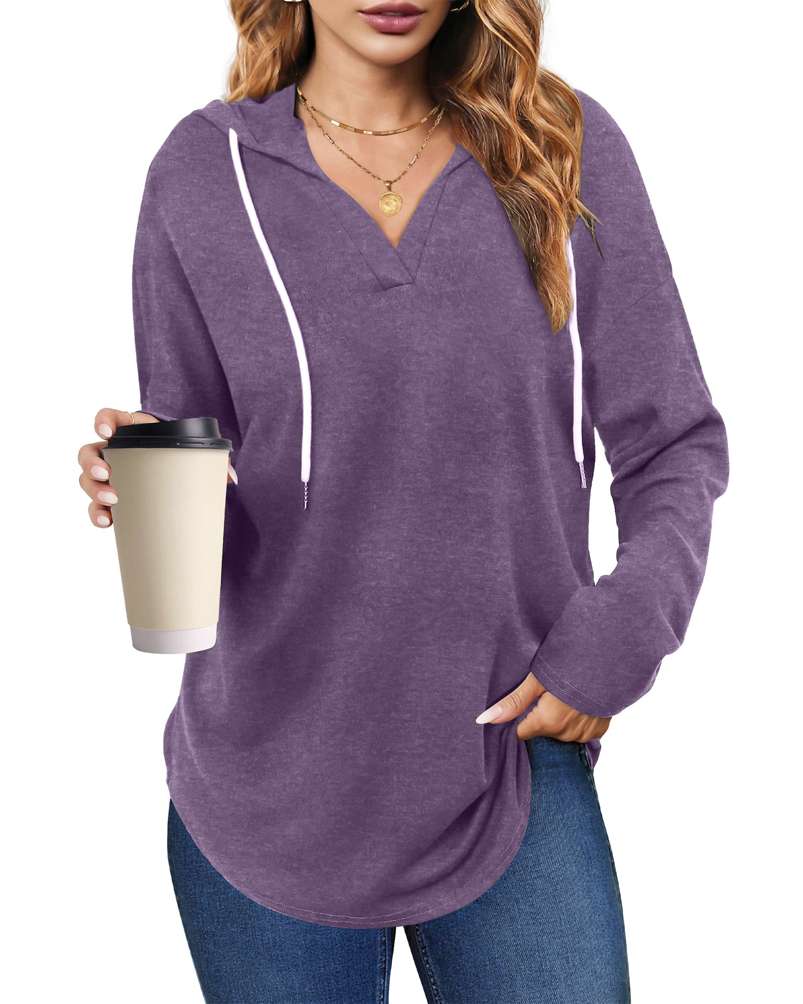 UVN Fall Hoodies for Women Long Sleeve V Neck Hooded Sweatshirts Ladies Loose Casual Drawstring Pullover Tops