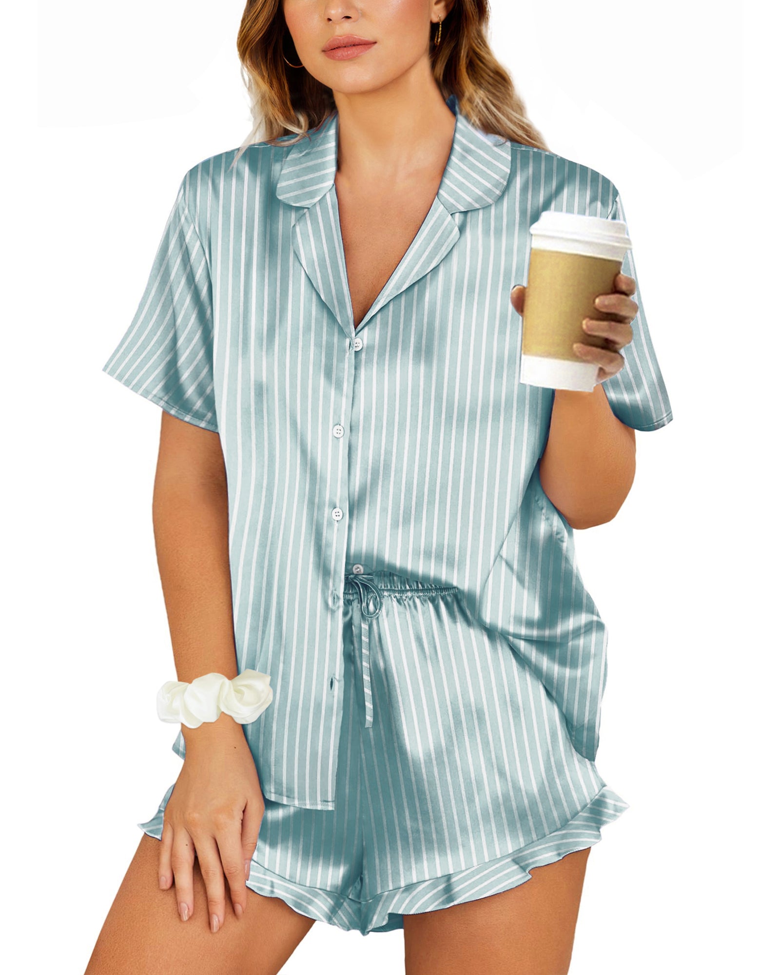 UVN Pajamas Sets for Women Short Sleeve Button Down Tops and Ruffle Shorts 2 Piece Outfit Satin Silk Pjs Sleepwear Loungewear