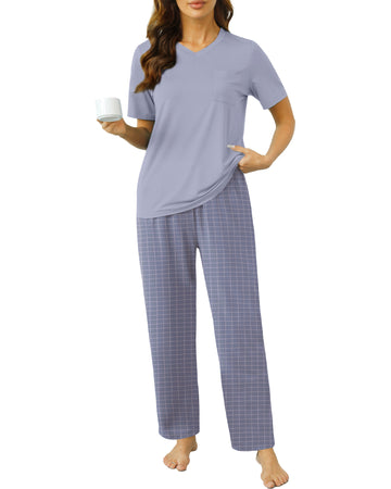 UVN Womens Pajamas Sets Short Sleeve Tops and Long Pants 2 Piece Outfit Casual Loose Sleepwear Nightwear Soft Pjs Lounge Sets