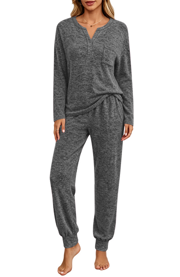 UVN Pajamas Sets for Women Long Sleeve Henley Neck Tops and Pants Two Piece Outfits Fall Winter Casual Sleepwear Pjs Lounge Sets