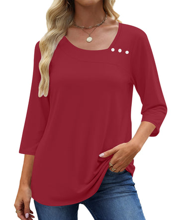 UVN Summer Square Neck Blouses for Women 3/4 Sleeve Shirt Ladies Dressy Casual Button Tunic Tops