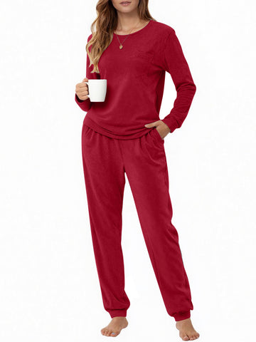 UVN Womens Velvet Pajamas Sets Winter 2 Piece Outfits Ladies Fleece Long Sleeve Sleepwear with Pockets