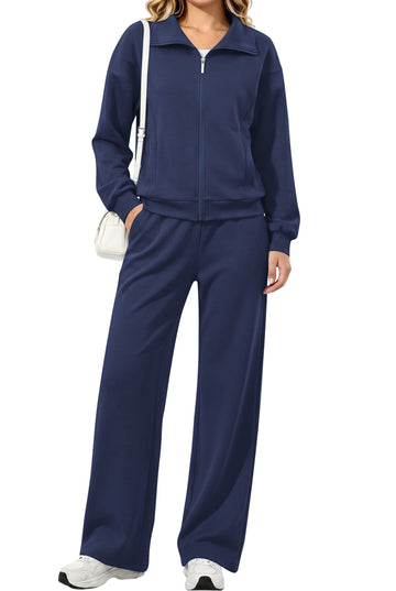 UVN Two Piece Sets for Women Fall Winter Fashion Tracksuit Outfits Lapel Long Sleeve Zip Up Tops and Pants Lounge Sets