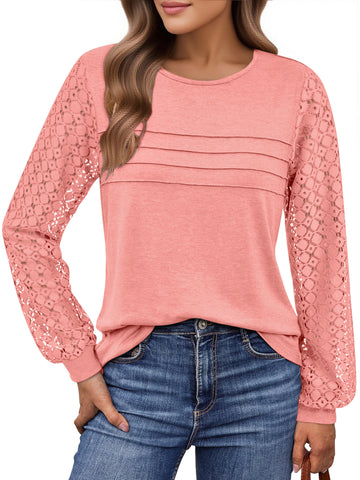 UVN Blouses for Women Dressy Lace Pleated Tunic Tops Casual Long Sleeve Fall Shirts