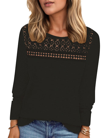 UVN Blouses for Women Fall Long Sleeve Crewneck Dressy Shirts Casual Waffle Knit Hollow Out Tunic Tops